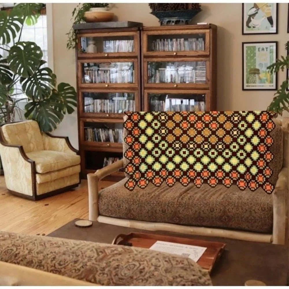 Vintage Crochet Granny‎ Square Throw Blanket 48x55 Handmade Boho Decor